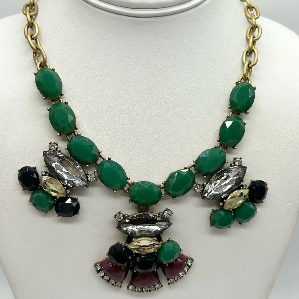 J. Crew Green and Burgundy Jeweled Necklace